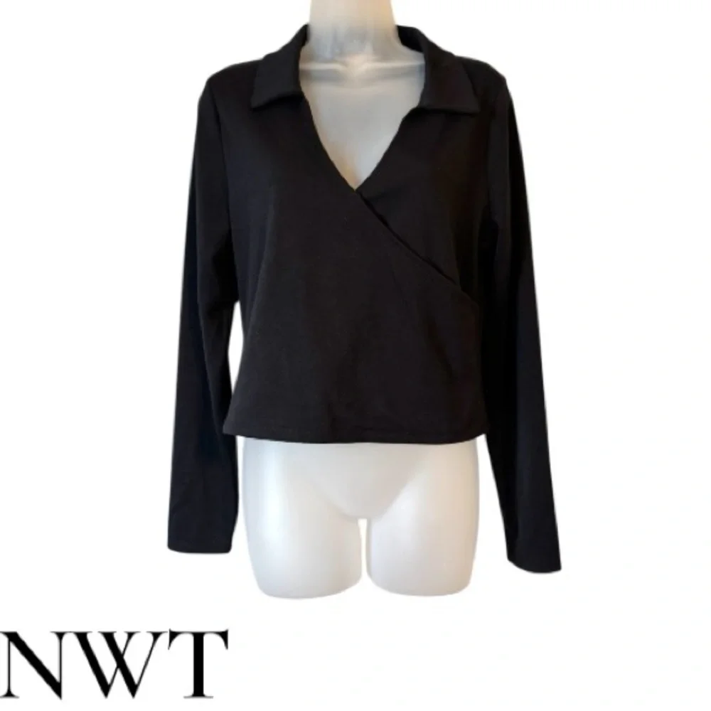 NWT Belle Du Jour Black Mock Wrap Top MEDIUM #3 - Picture 1 of 11